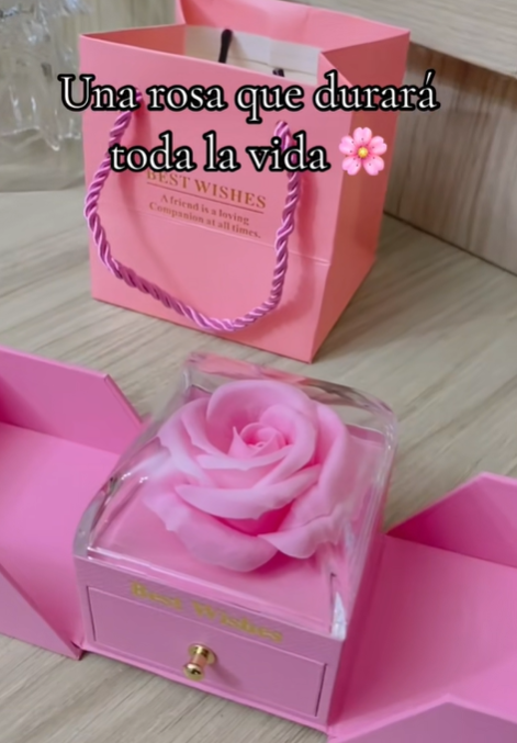 COFRE DE ROSA ETERNAS + COLLAR Y ANILLO Y CHOCOLATE 💞💑